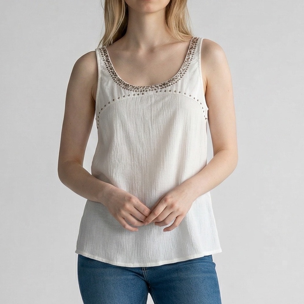 Velvet by Graham & Spencer White Beaded Cotton Tank Top Size S Boho Sleeveless‎